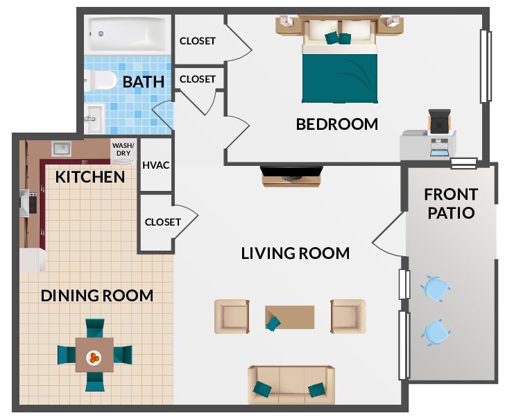 1 Bedroom / 1 Bathroom Alexandria Floorplan