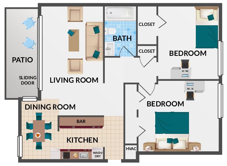 2 Bedroom / 1 Bathroom Bethesda Floorplan