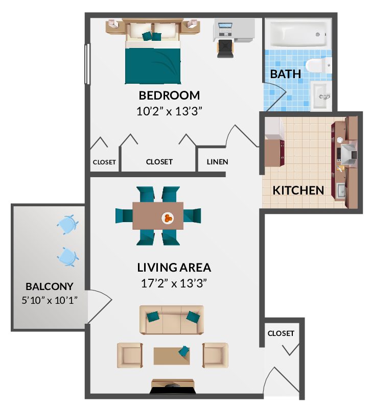 1 Bedroom, 1 Bath Apartment Floorplan