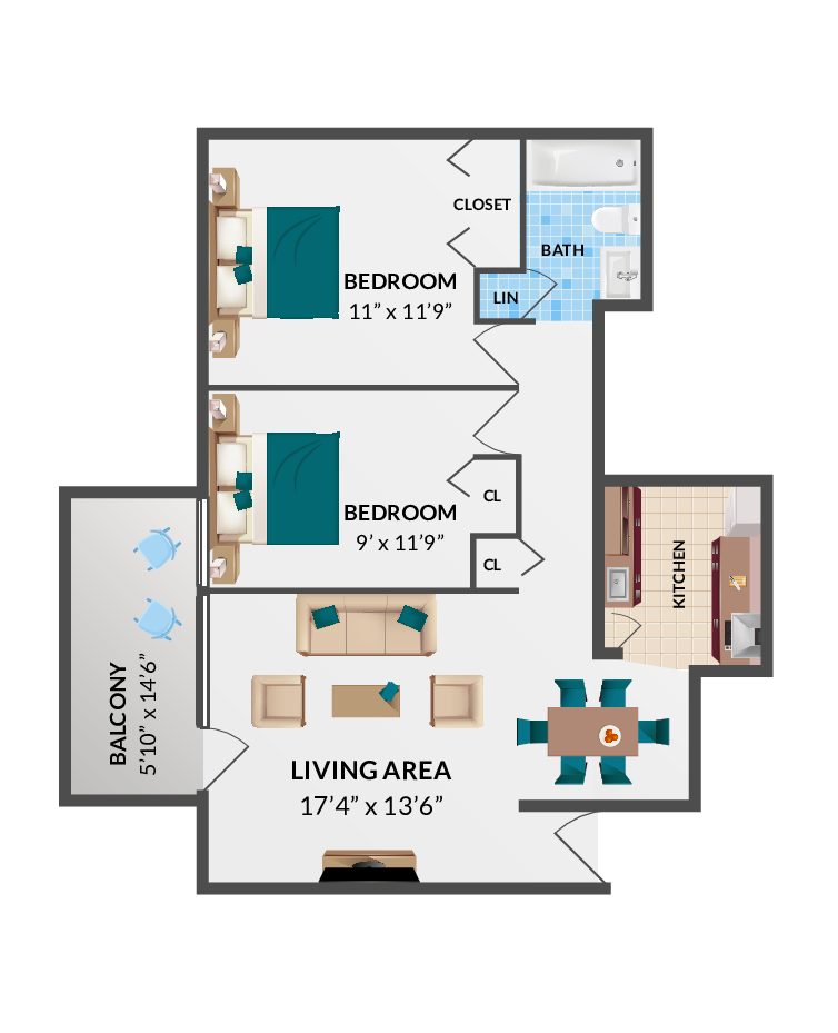 2 Bedroom, 1 Bath Apartment Floorplan