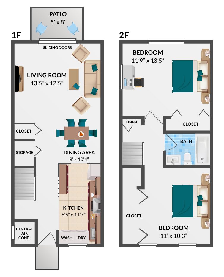 2 Bedroom, 1 Bath Townhome Floorplan