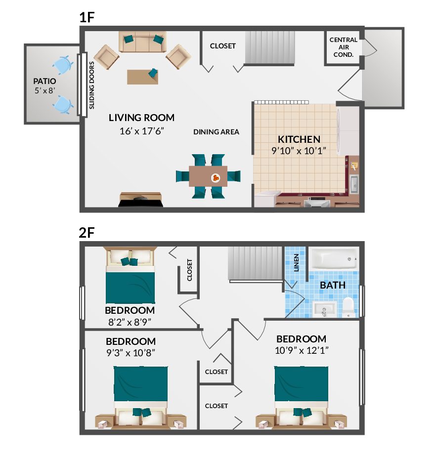 3 Bedroom, 1 Bath Townhome Floorplan