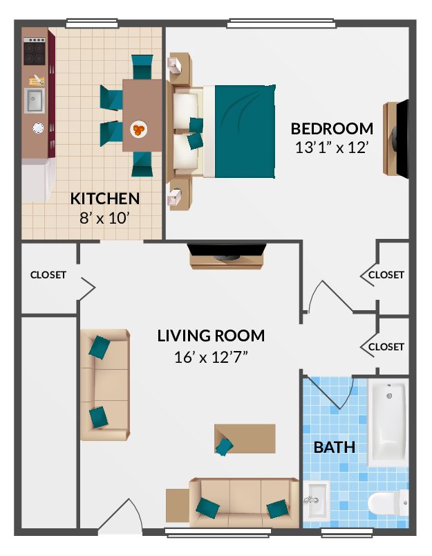 1 Bedroom, 1 Bath Floorplan