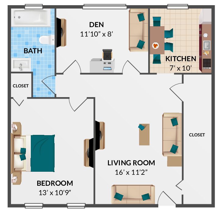 1 Bedroom, 1 Bath w/ Den Floorplan