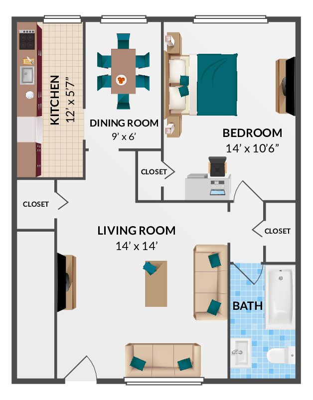 1 Bedroom, 1 Bath w/ Dining Floorplan
