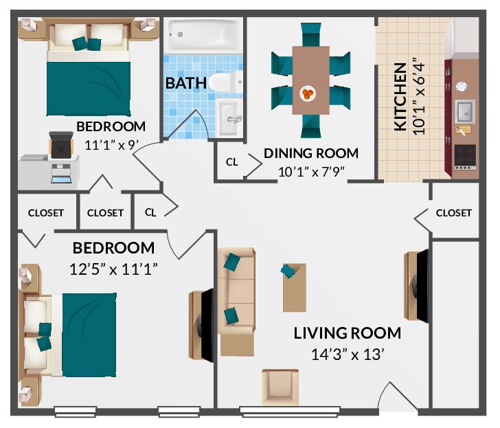 2 Bedroom, 1 Bath w/ Dining Room Floorplan