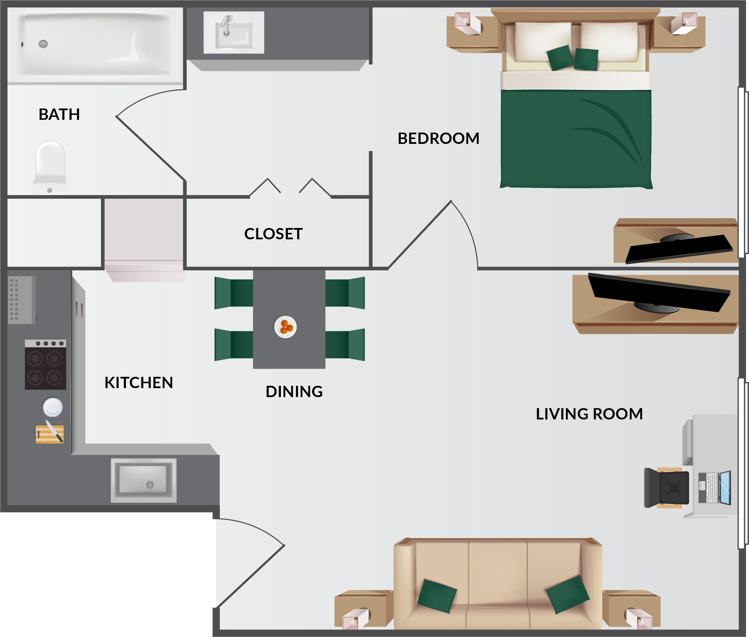 1 Bedroom Suite, 2 Double Beds Floorplan